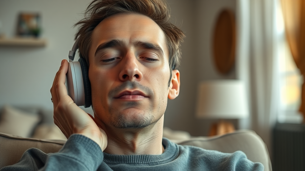 self-hypnosis relaxed trance focused adult listening to hypnosis audio, mental health, sound waves, closed eyes