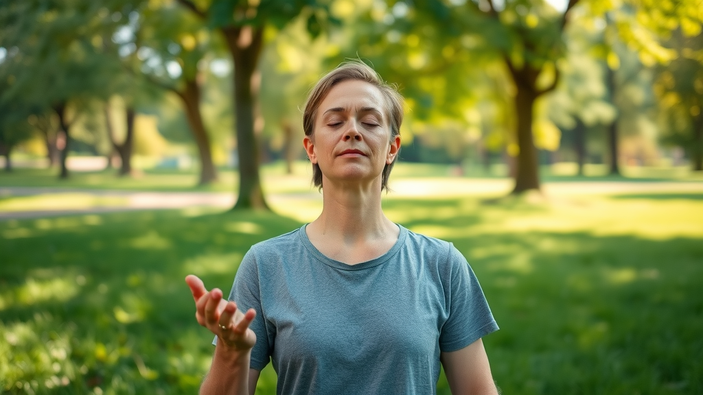 self-hypnosis outdoors, managing heart rate, stress reduction, motivated serene person, calm posture