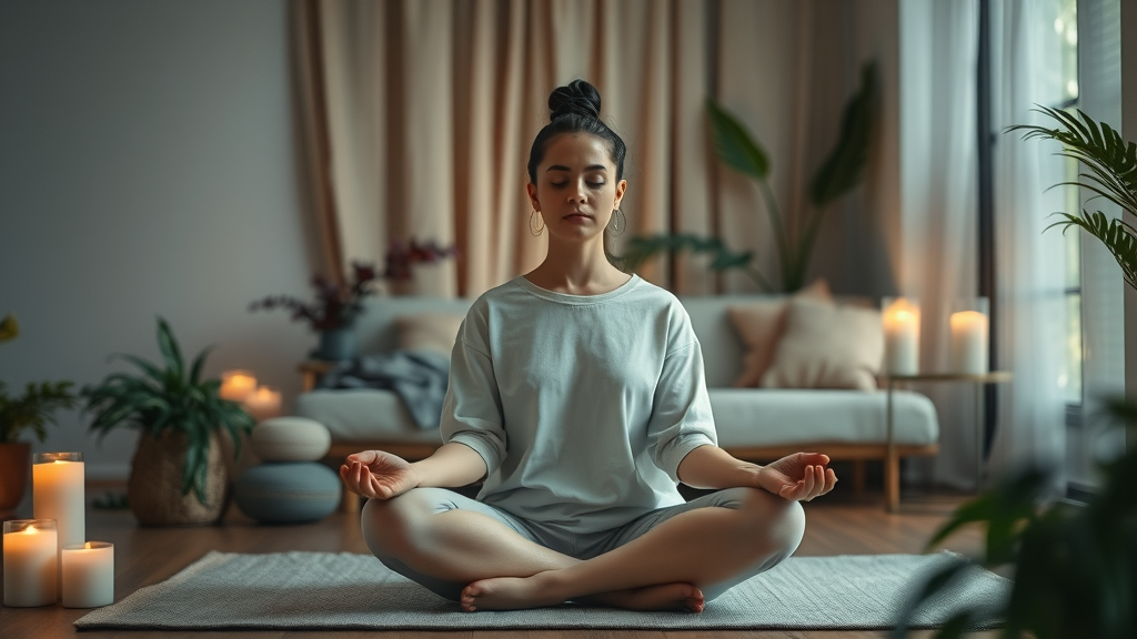 preparing home environment for self-hypnosis meditation, calming candles, tranquil setting