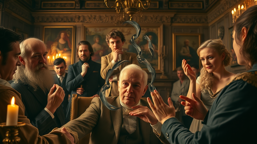 historical collage of hypnosis, ancient rituals blending into 18th-century salons, people observing hypnotic rituals, history of hypnosis