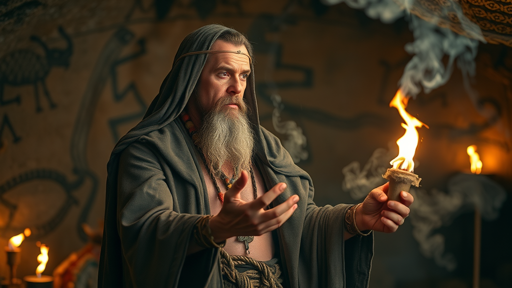 ancient shaman performing hypnosis rite, trance state ritual, prehistorical drawings, history of hypnosis