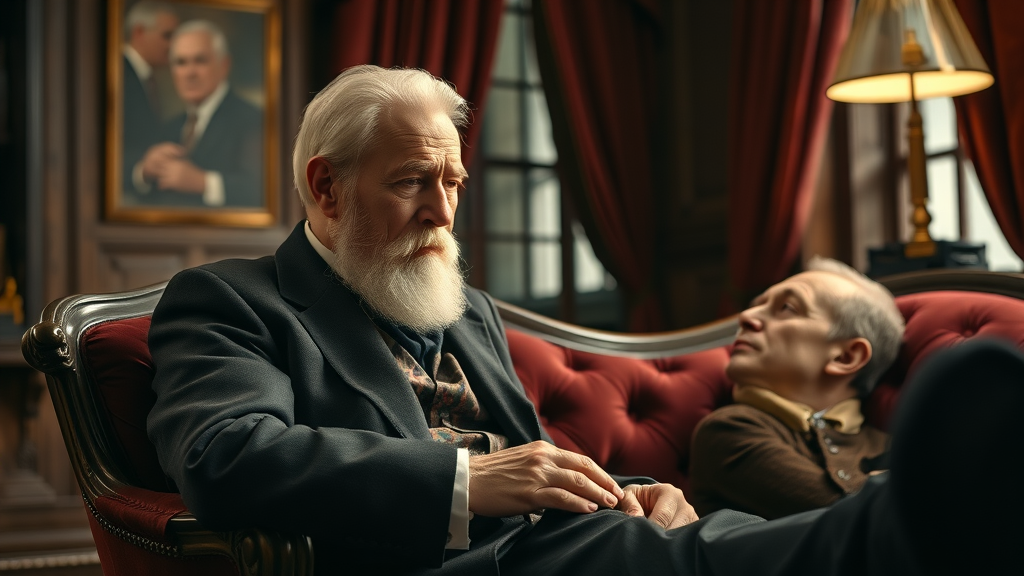 sigmund freud performing hypnosis on patient, early psychoanalysis, classic velvet study, story of hypnosis