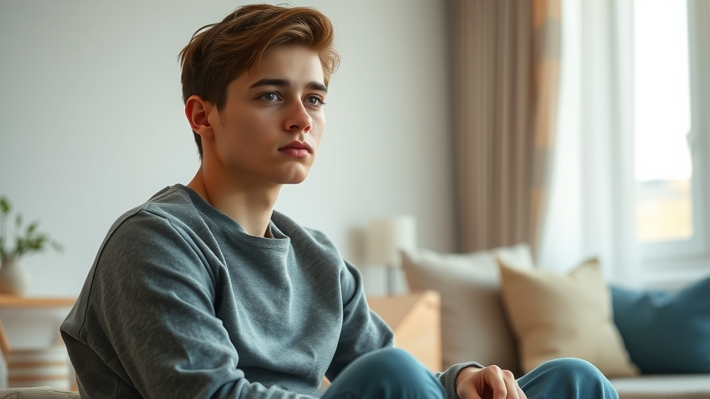 thoughtful young adult practicing hypnosis for anxiety, sitting in a serene modern living room, tranquil expression, soft pastel tones