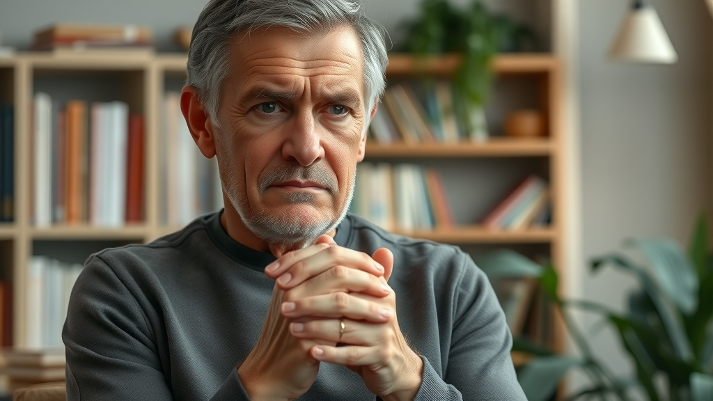 concerned middle-aged individual with anxiety disorder, sitting in therapist office, reflecting on mental health condition, subtle frown