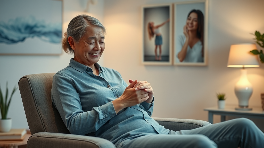 calm therapist guiding a hypnosis session for anxiety, peaceful atmosphere, hypnotherapy studio with soft lighting