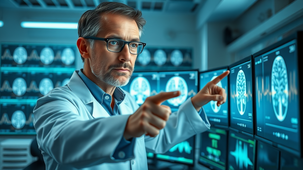 neuroscientist illustrating the effects of hypnosis for anxiety by showing animated brain scans and brainwave patterns