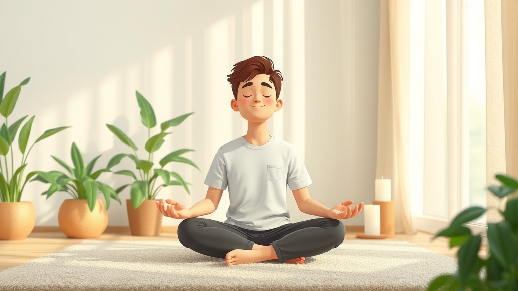 relaxed individual practicing self-hypnosis for anxiety, seated cross-legged in a peaceful bedroom with candlelight and soft greenery