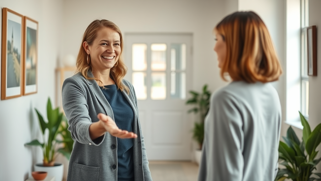 friendly professional therapist specialized in hypnosis for anxiety, warmly embracing a new client in a cozy mental health practice