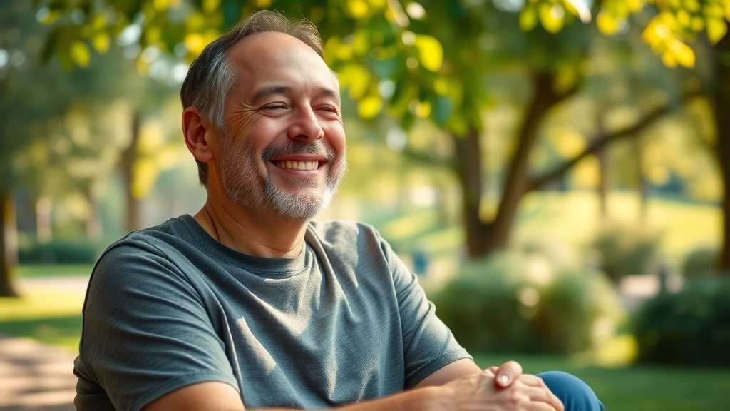 peaceful adult experiencing relief from anxiety after hypnosis, seated with relaxed posture in a tranquil park, nature background