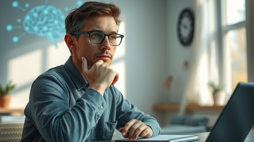 Insightful person contemplating subconscious processes in NLP language patterns that influence the subconscious mind – neutral, thoughtful gaze, sitting in a calm home office with brainwave graphics and gentle sunlight