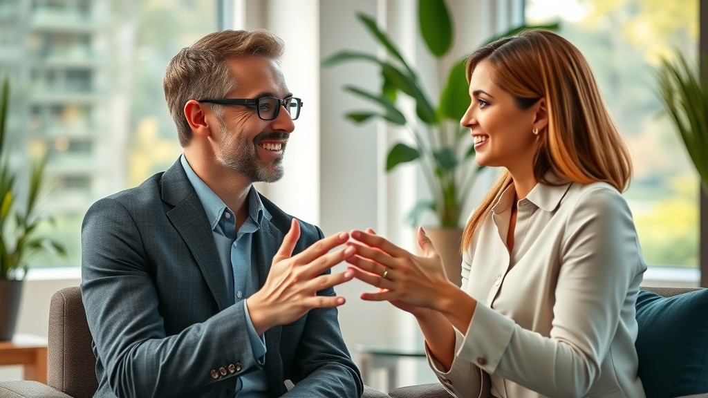 Professional conversation between two people demonstrating building rapport using NLP language patterns that influence the subconscious mind—mirroring gestures and warm smiles in an inviting office