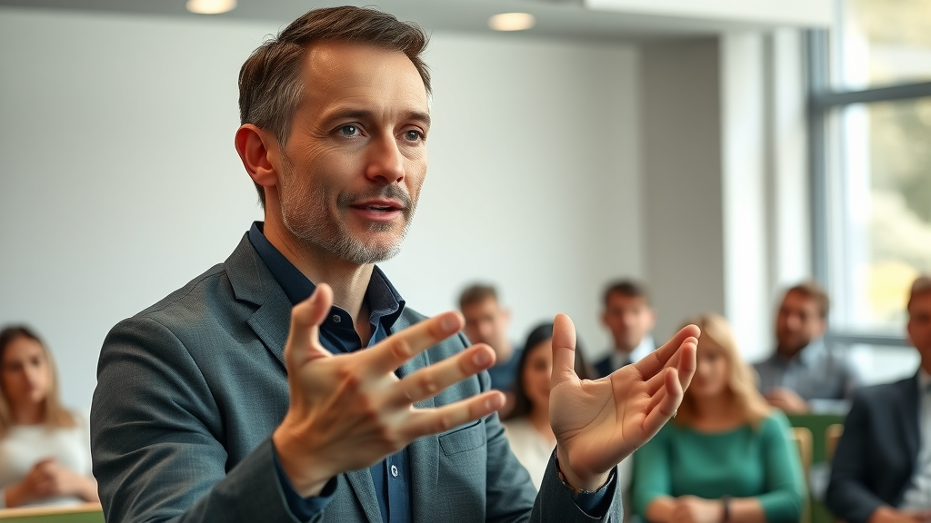Practitioner demonstrating the Milton Model technique—NLP language patterns that influence the subconscious mind, leading a small seminar group with calm confidence