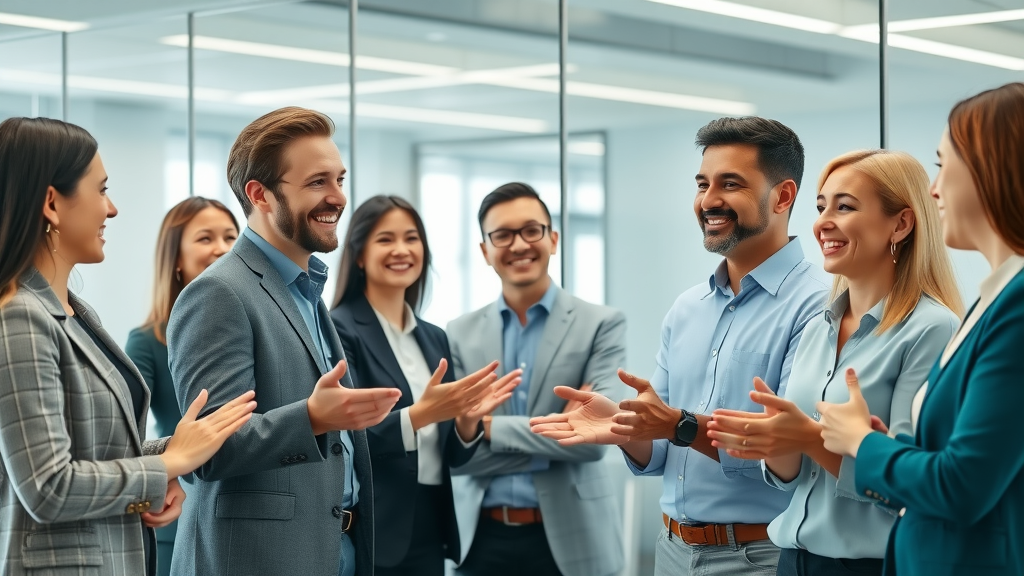 Group of professionals building rapport, using NLP language patterns for subconscious influence—open body language and mirroring in a modern meeting room
