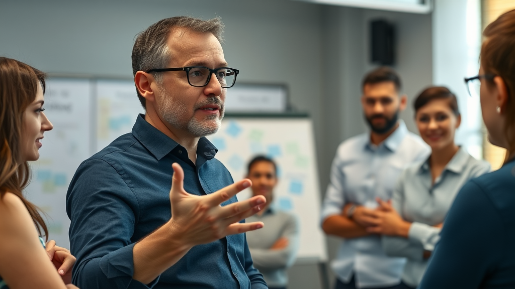 Skillful facilitator guiding a group using pacing and leading—demonstrating NLP language patterns that align the subconscious mind, collaborative workshop setting