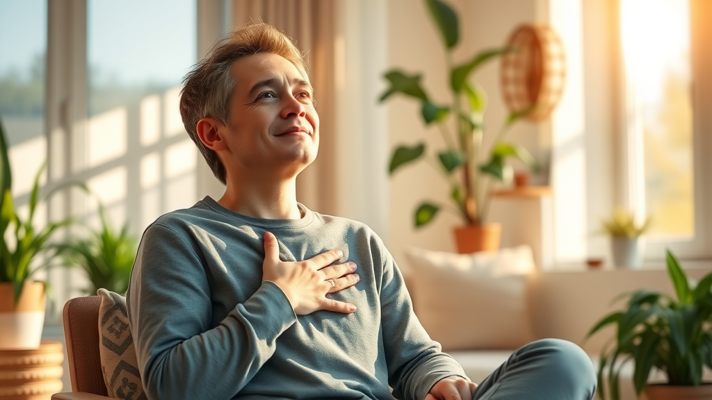 Person practicing positive self-talk using NLP language patterns to influence the subconscious mind – uplifted expression, tranquil setting, gentle light