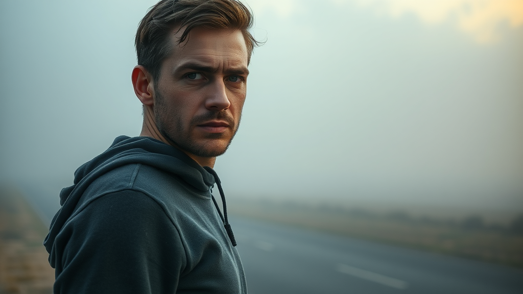 Person navigating inner resistance using NLP language patterns for subconscious influence – determined expression, standing at a crossroads metaphor outdoors