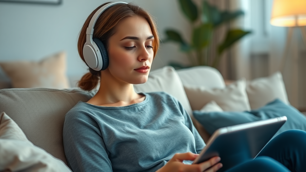 Calm focused woman practicing self-hypnosis with binaural beats in modern living room, serene and natural setting for conscious mind enhancement and deep sleep