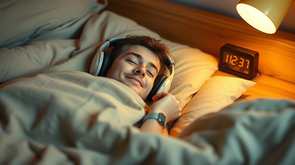 Person lying in a cozy bedroom with headphones, appearing peaceful and in deep self-hypnosis using binaural beats for conscious mind and sleep