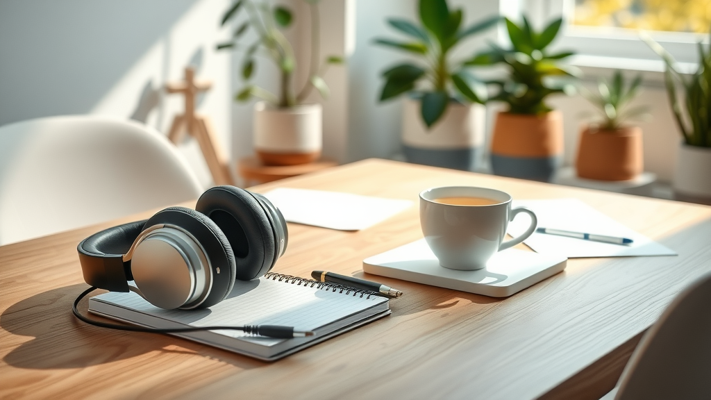 Clean workspace with headphones and notepad for self-hypnosis with binaural beats, natural setting for conscious mind and focus, no people present