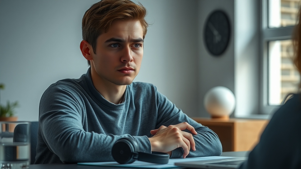 Thoughtful young adult considering the potential downsides of binaural beats in self-hypnosis, headphones set aside, emphasizing safety and conscious mind care