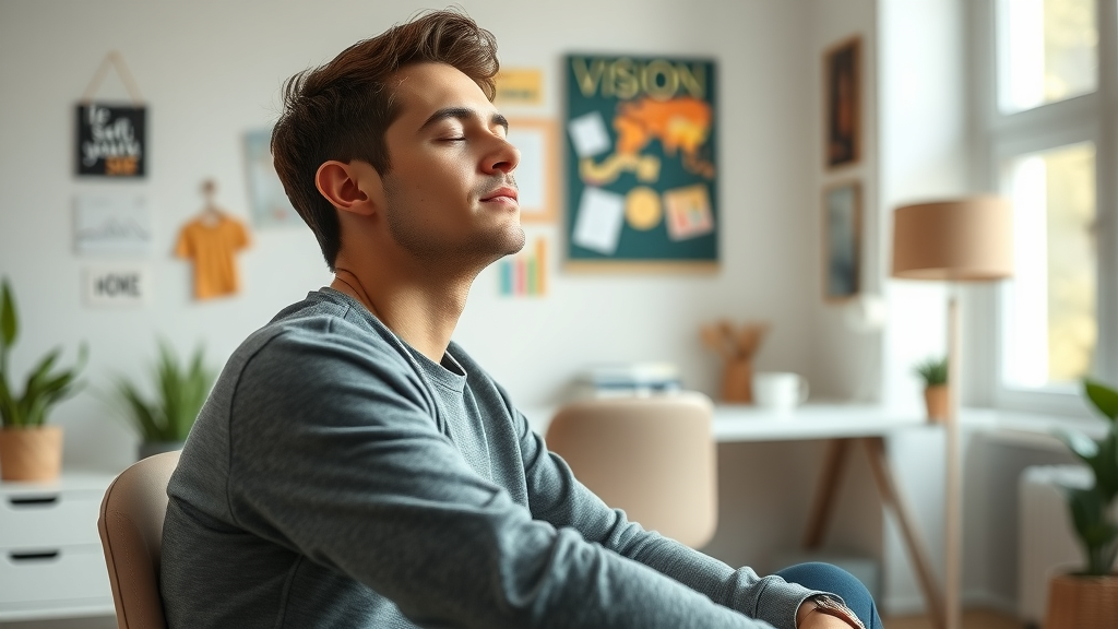 Individual practicing visualization techniques in NLP for goal achievement in a modern home office with vision board