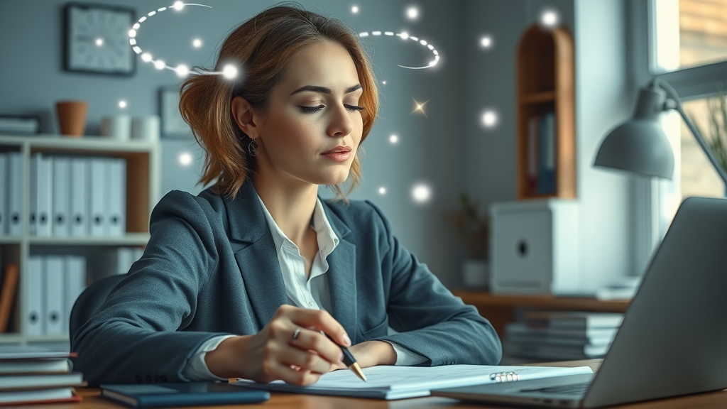 Woman practicing visualization techniques in NLP, mental imagery swirling above her—demonstrating NLP technique in a study