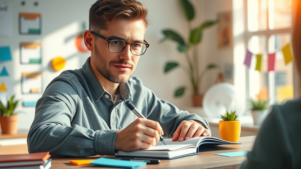 Professional using NLP techniques to write clear goals and track achievements in a workspace