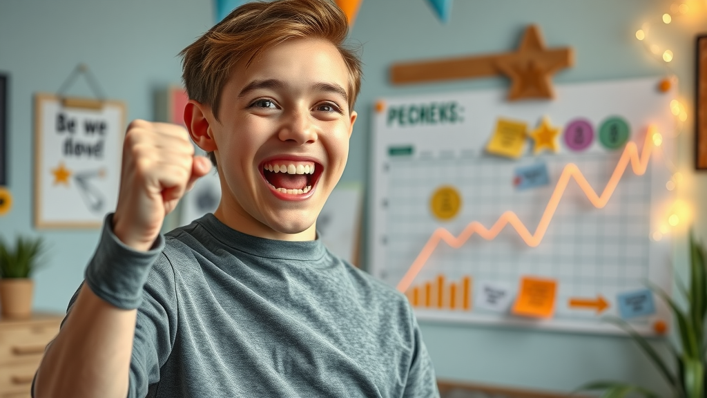 Young person using visualization techniques in NLP celebrating goal progress with achievement chart