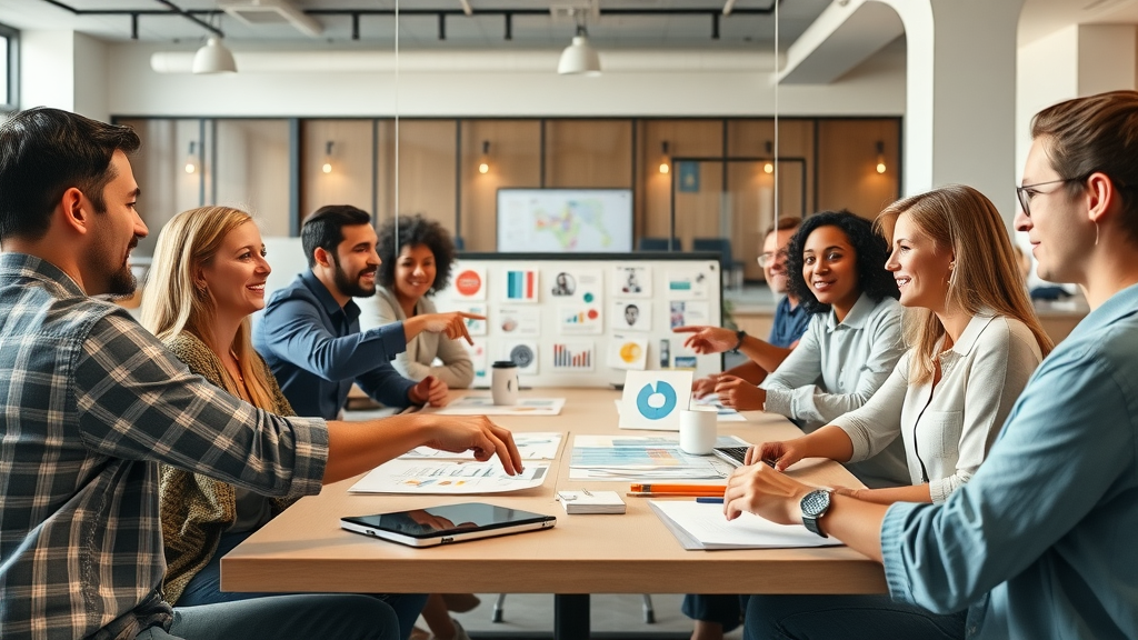 Diverse group using NLP visualization for collaborative goal setting in a modern workspace