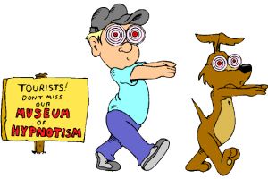 Goofy person and dog walking hypnotized with eyes closed and arms out.